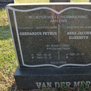 MERWE Gerhardus Petrus, van der 1924-2008 &amp; Anna Jacoba Elizebeth 1925-