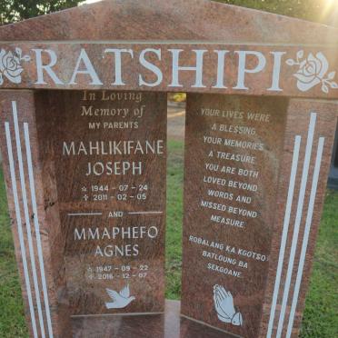 RATSHIPI Mahlikifane Joseph 1944-2011 &amp; Mmaphefo Agnes 1947-2016