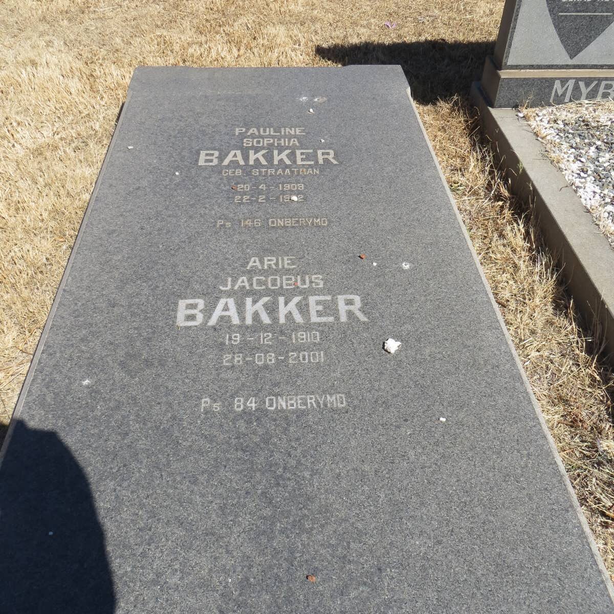 BAKKER Arie Jacobus 1910-2001 &amp; Pauline Sophia STRAATEN 1908-19?2