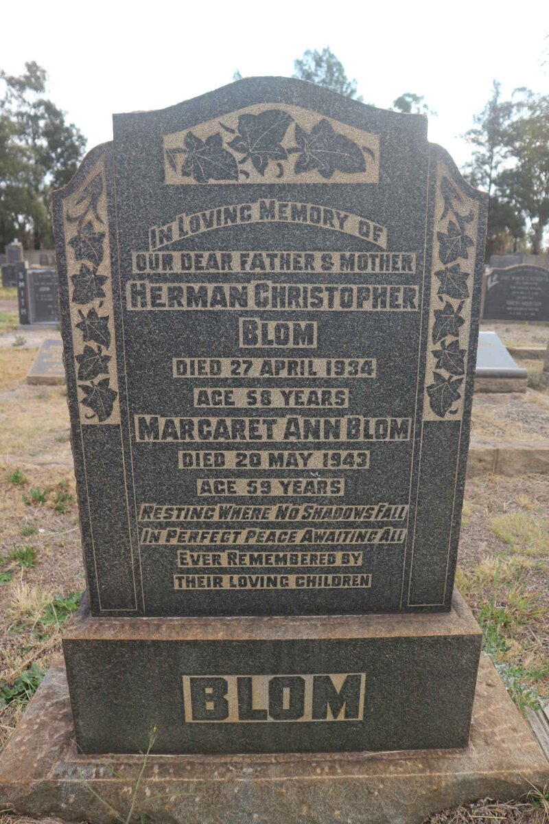 BLOM Herman Christopher -1934 &amp; Margaret Ann -1943