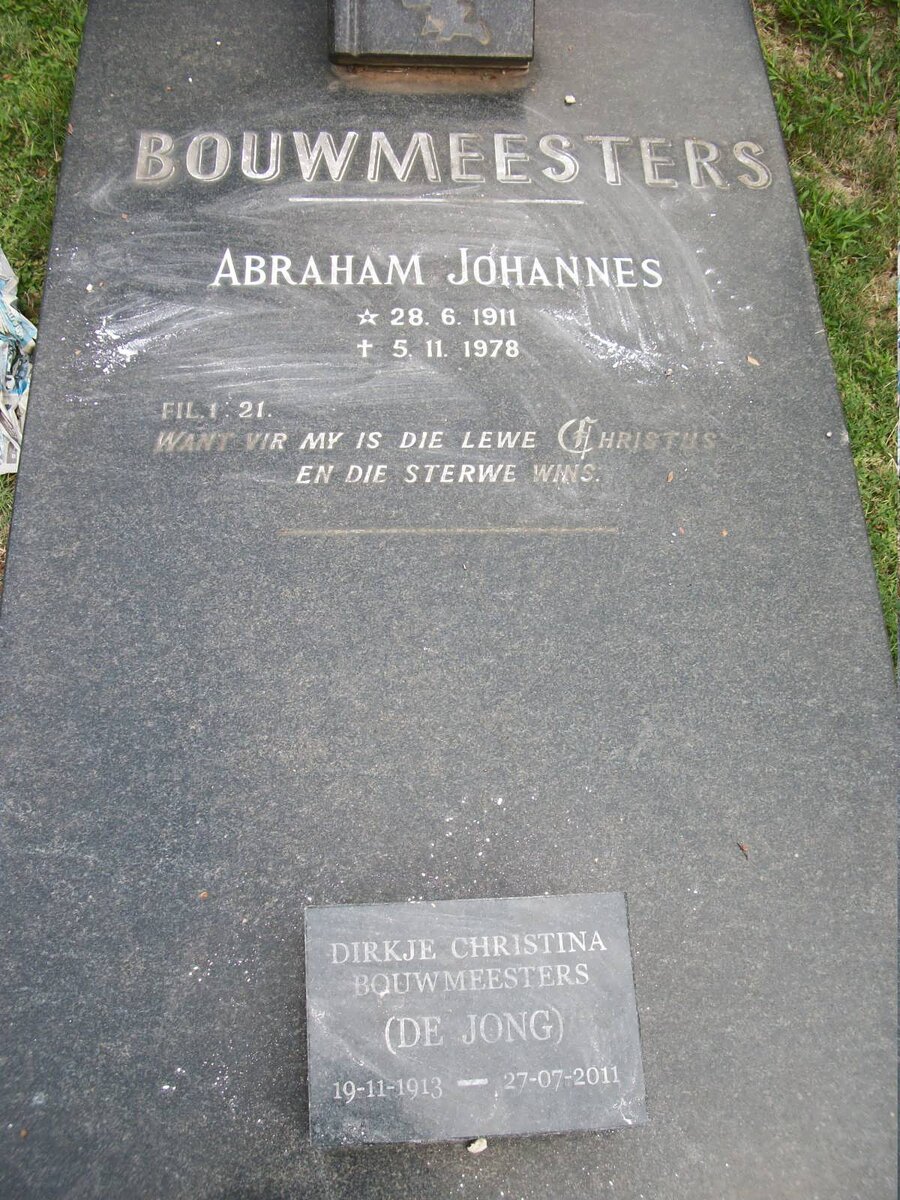 BOUWMEESTERS Abraham Johannes 1911-1978 &amp; Dirkje Christina DE JONG 1913-2011