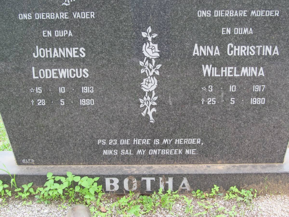 BOTHA Johannes Lodewicus 1913-1980 &amp; Anna Christina Wilhelmina 1917-1980