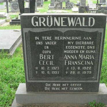 GRUNEWALD Bert Cecil 1923-1997 &amp; Anna Maria Franscina 1922-1979