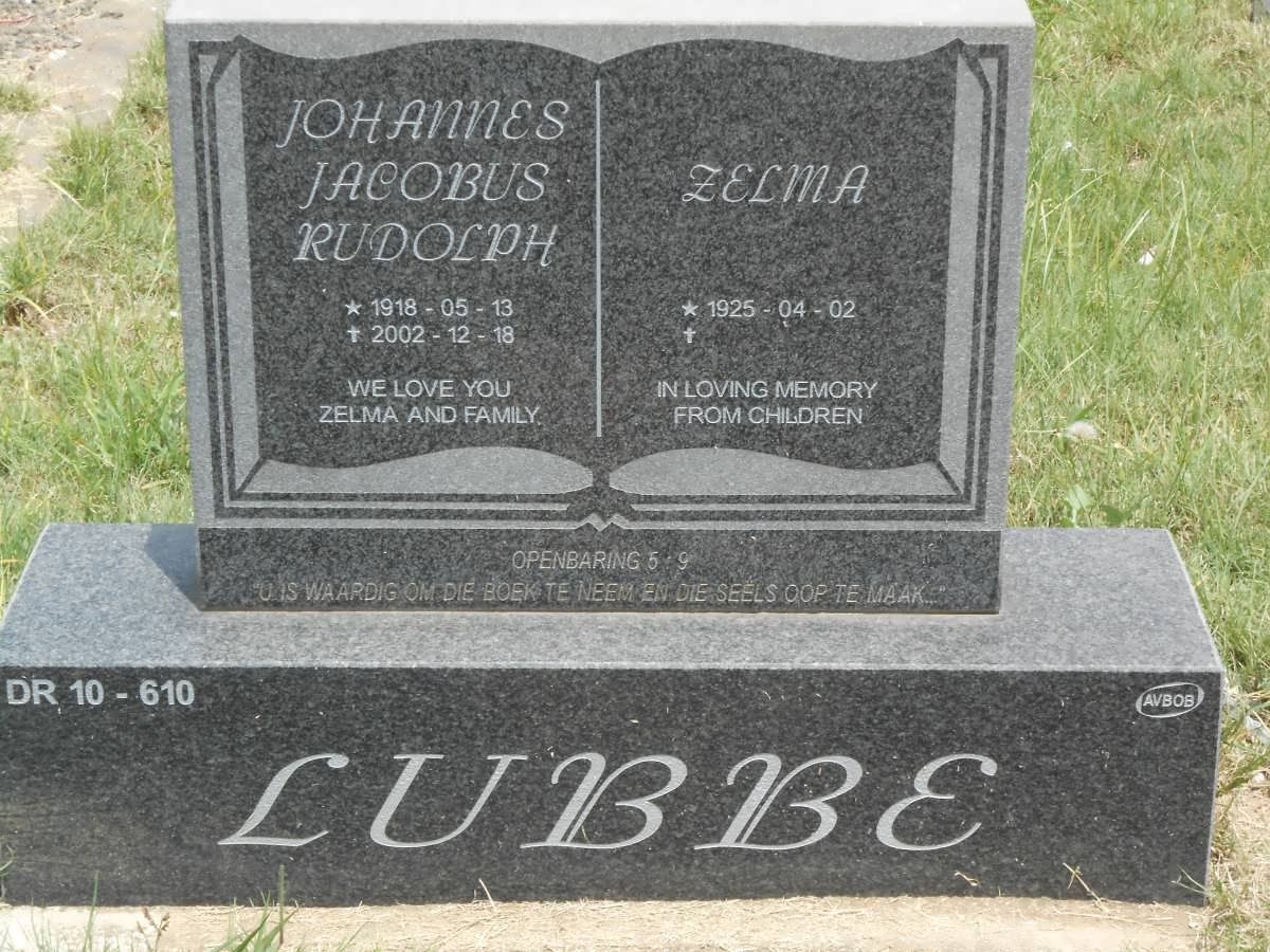 LUBBE Johannes Jacobus Rudolph 1918-2002 &amp; Zelma 1925-
