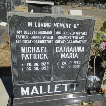 MALLETT Michael Patrick 1922-1992 &amp; Catharina Maria 1920-2008
