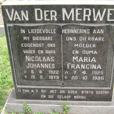 MERWE Nicolaas Johannes, van der 1922-1979 &amp; Maria Francina 1925-1986