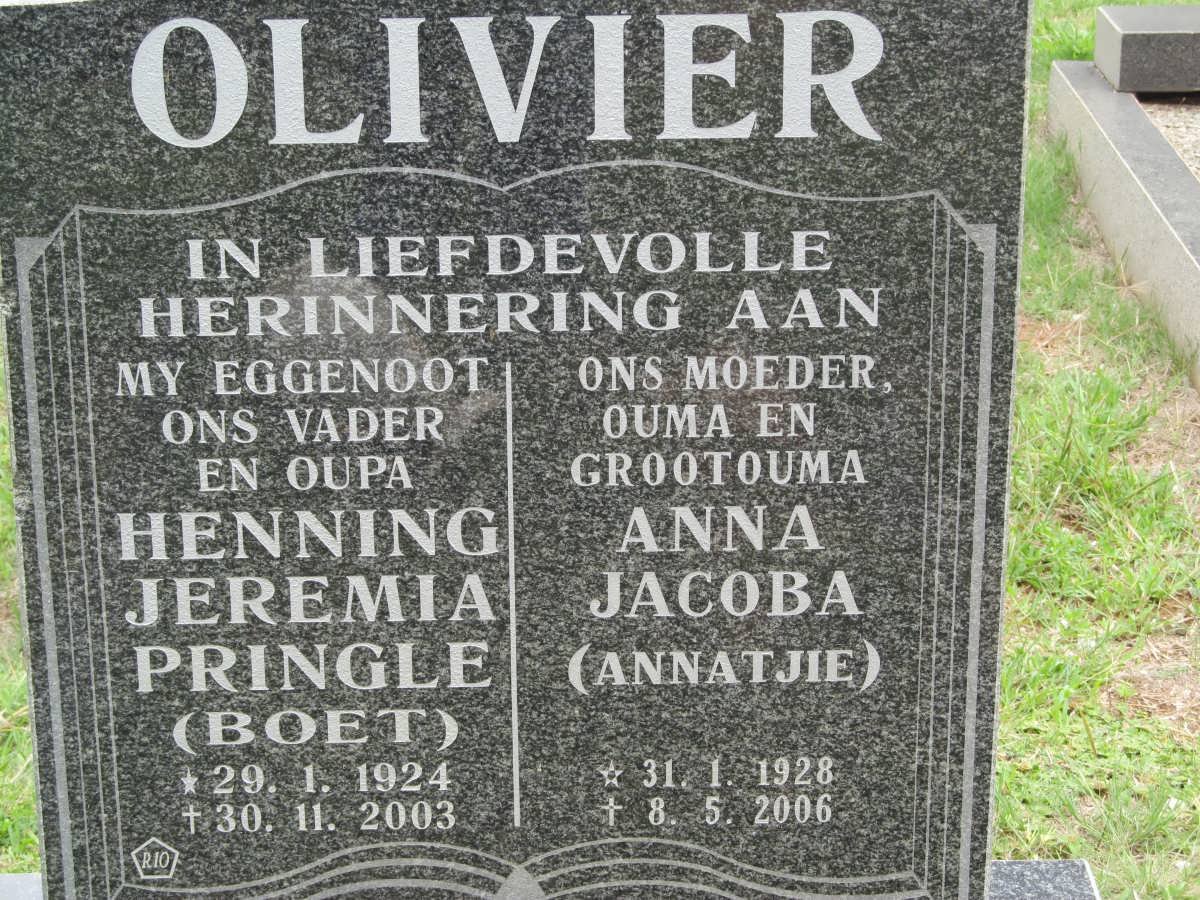 OLIVIER Henning Jeremia Pringle 1924-2003 &amp; Anna Jacoba 1928-2006