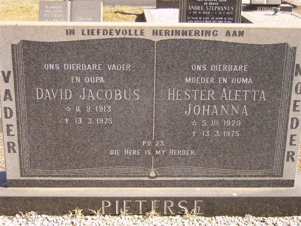PIETERSE David Jacobus 1913-1975 &amp; Hester Aletta Johanna 1920-1975