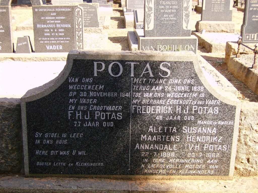 POTAS F.H.J. -1941 :: POTAS Frederick H.J. -1938 :: ANNANDALE Aletta Susanna Maartens Hendrikz  formerly POTAS 1896-1962