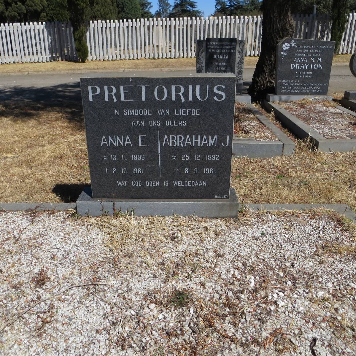 PRETORIUS Abraham J. 1892-1981 &amp; Anna E. 1899-1981