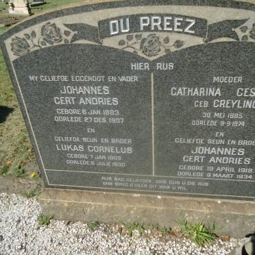 PREEZ Johannes Gert Andries, du 1883-1937 &amp; Catharina Gesiena GREYLING 1885-1974 - see description for rest of names