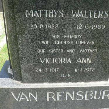 RENSBURG Matthys Walters, van 1922-1969 :: VAN RENSBURG Victoria Ann 1917-1972