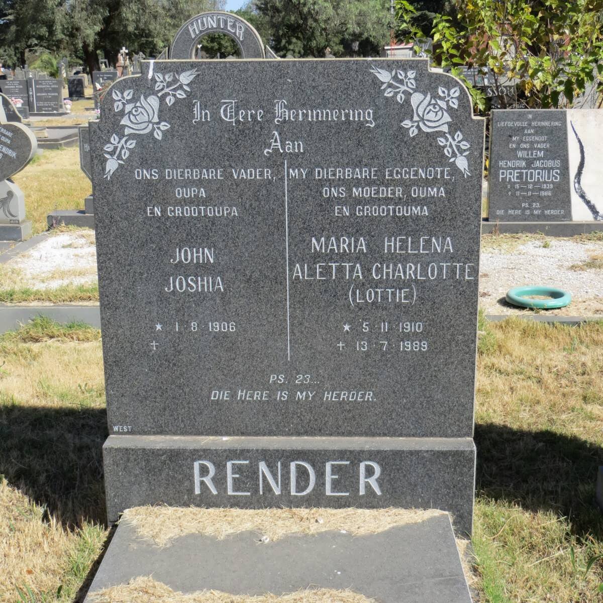 RENDER John Joshua 1906- &amp; Maria Helena Aletta Charlotte 1910-1989