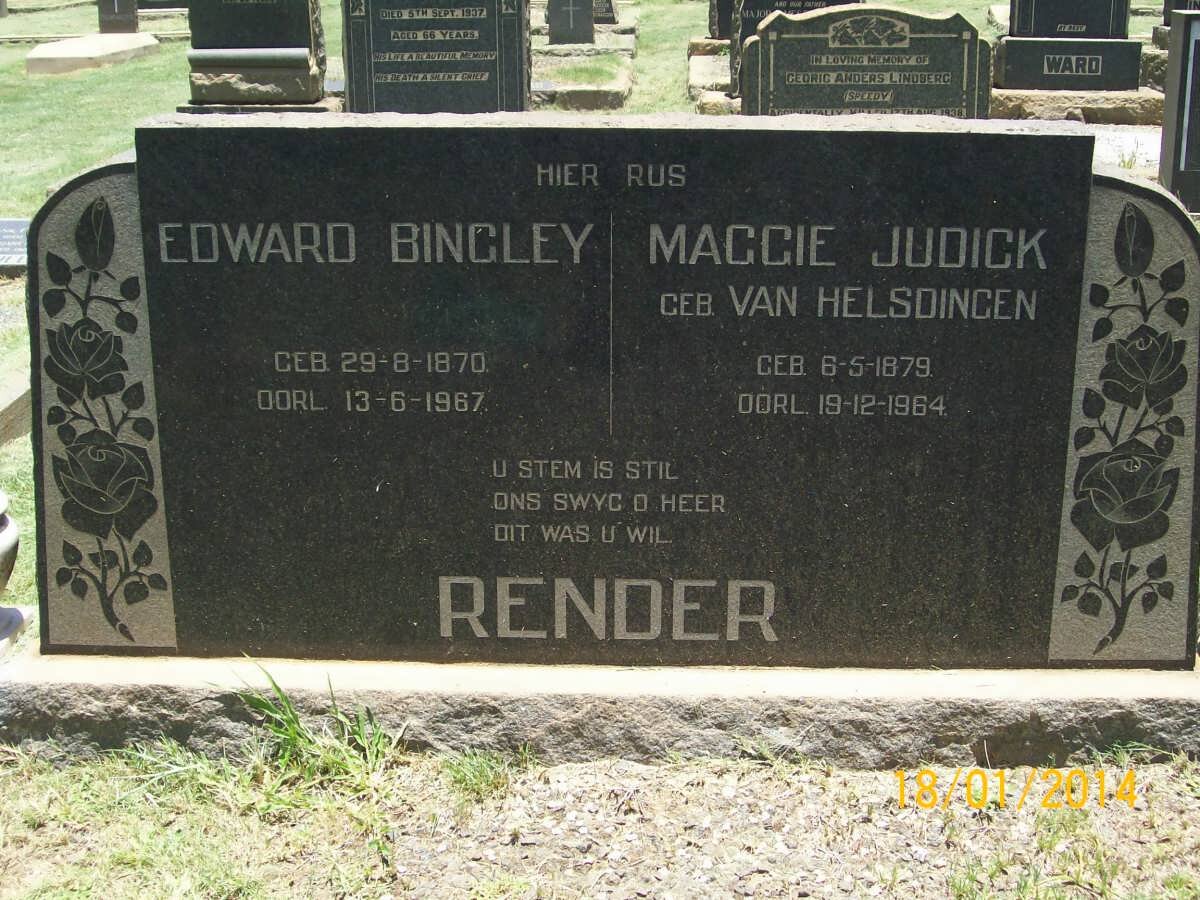 RENDER Edward Bingley 1870-1967 &amp; Maggie Judick VAN HELSDINGEN 1879-1964