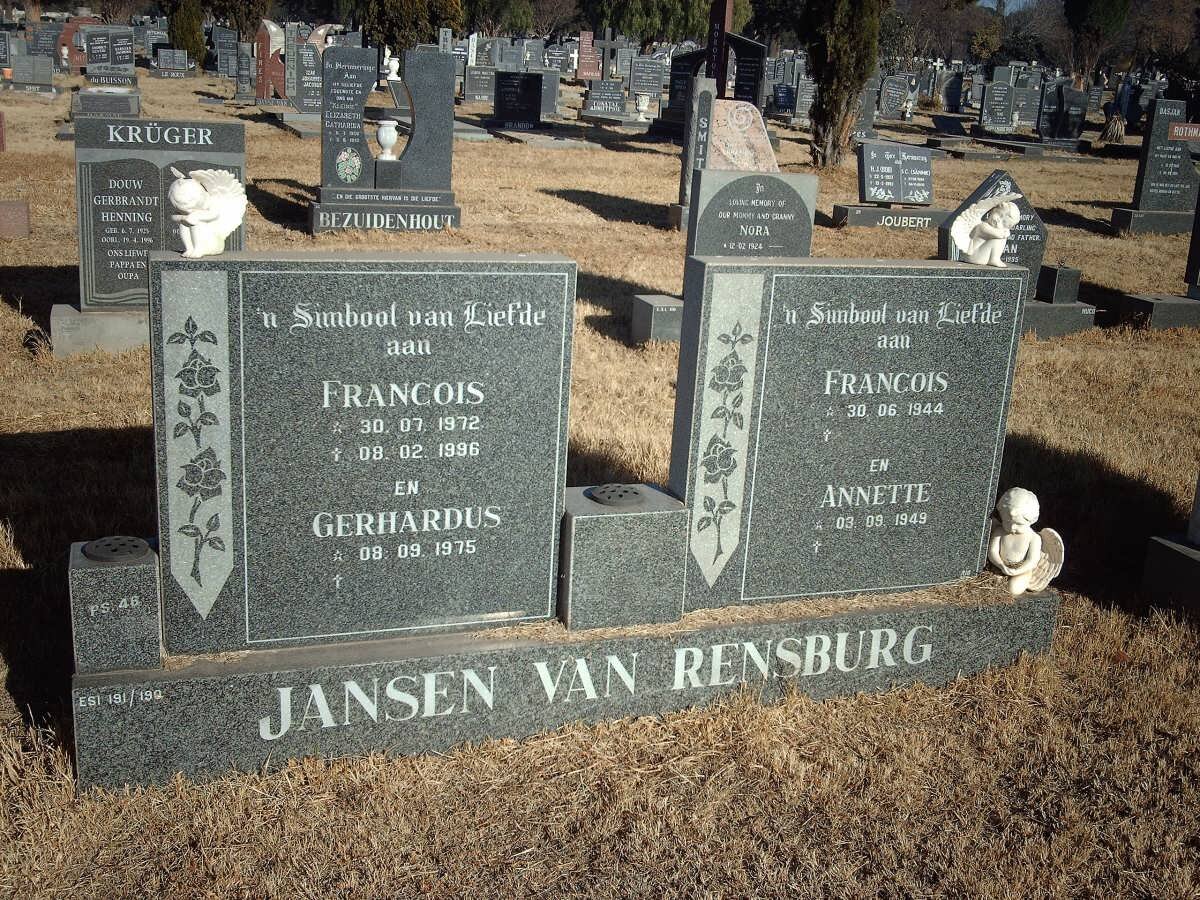 RENSBURG Francois, Jansen van 1944- &amp; Annette 1949- :: Francois 1972-1996 :: Gerhardus 1975-