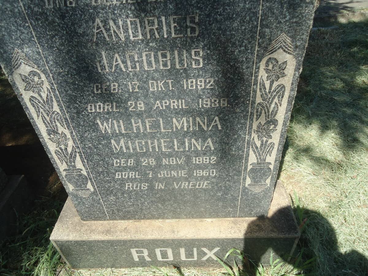 ROUX Andries Jacobus 1892-1938 &amp; Wilhelmina Michelina 1892-1960