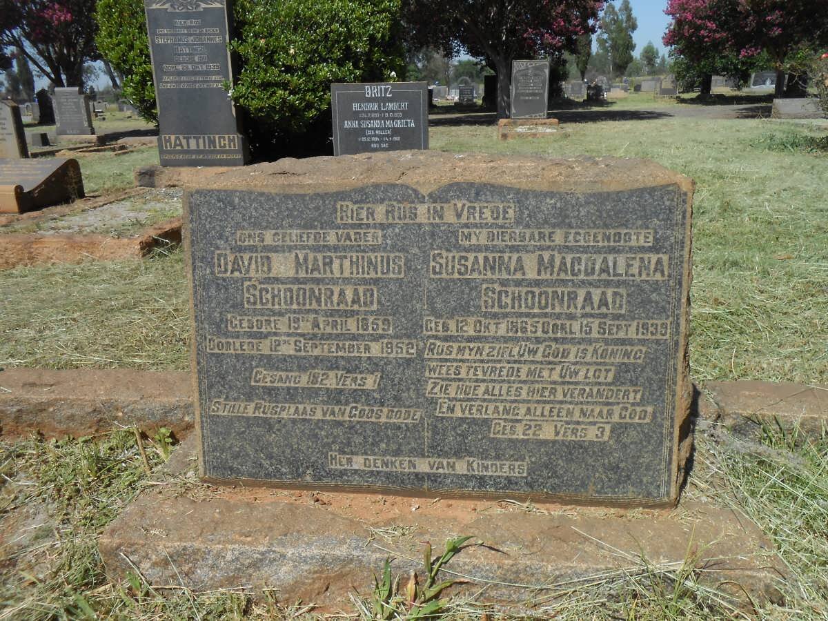 SCHOONRAAD David Marthinus 1859-1952 &amp; Susanna Magdalena 1865-1939