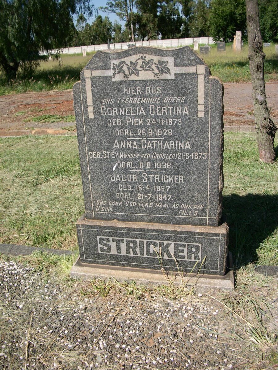 STRICKER Jacob 1867-1947 &amp; Cornelia Certina PIEK 1873-1928 :: STRICKER Anna Catharina nee STEYN voorheen GROBLER 1873-1938