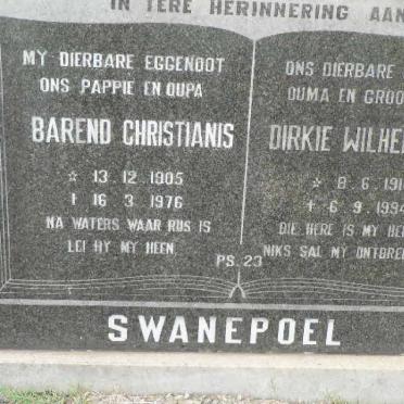 SWANEPOEL Barend Christianis 1905-1976 &amp; Dirkie Wilhelmina 1910-1994