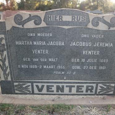 VENTER Jacobus Jeremia 1889-1961 &amp; Martha Maria Jacoba nee VAN DER WALT 1889-1955