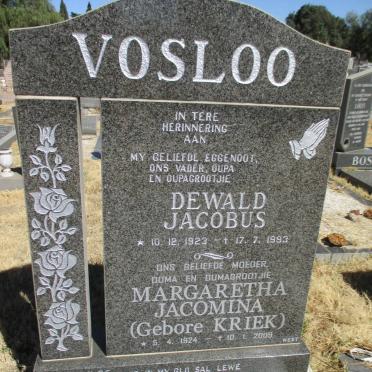 VOSLOO Dewald Jacobus 1923-1993 &amp; Margaretha Jacomina KRIEK 1924-2009