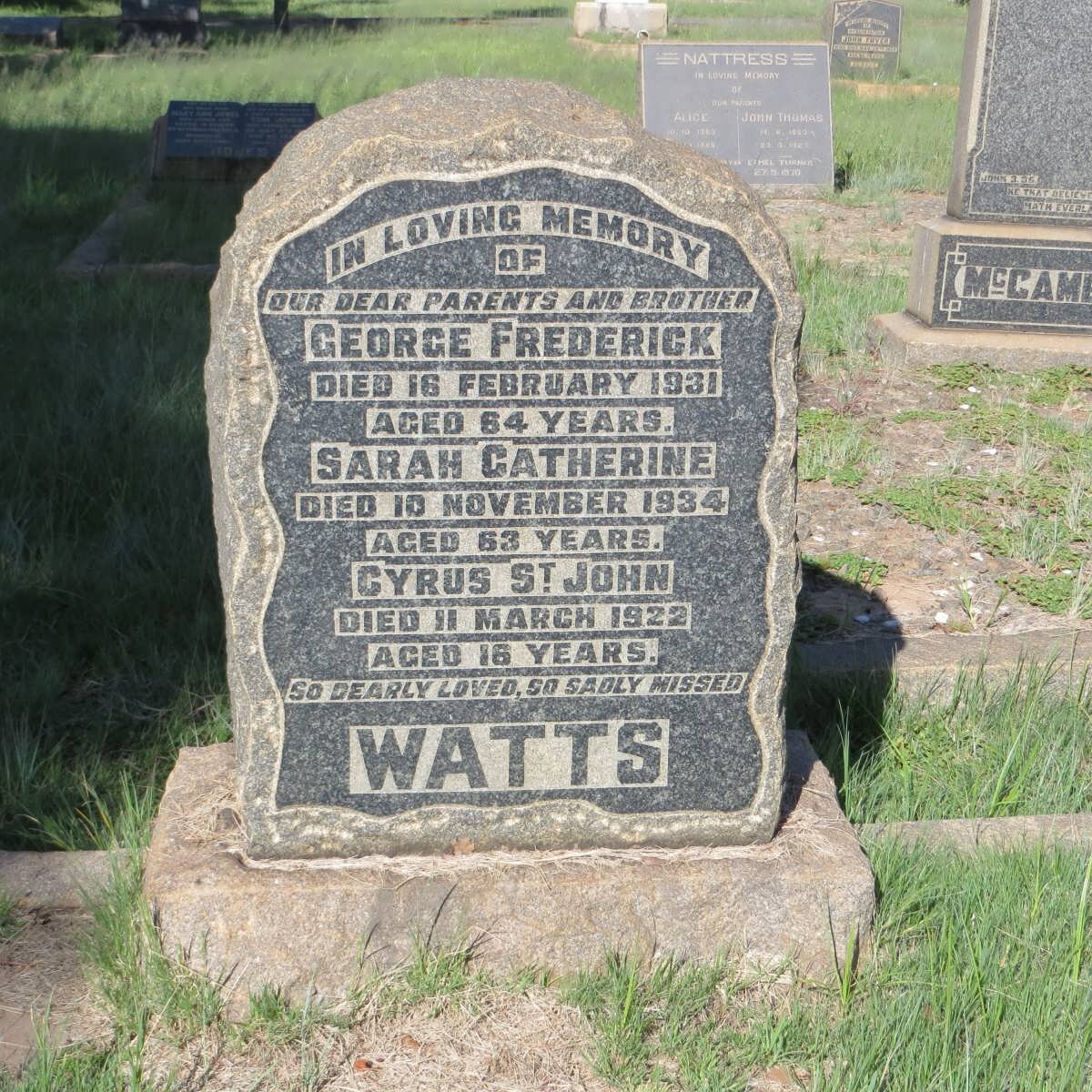 WATTS George Frederick -1931 &amp; Sarah Catherine -1934 :: WATTS Cyrus St.John -1922