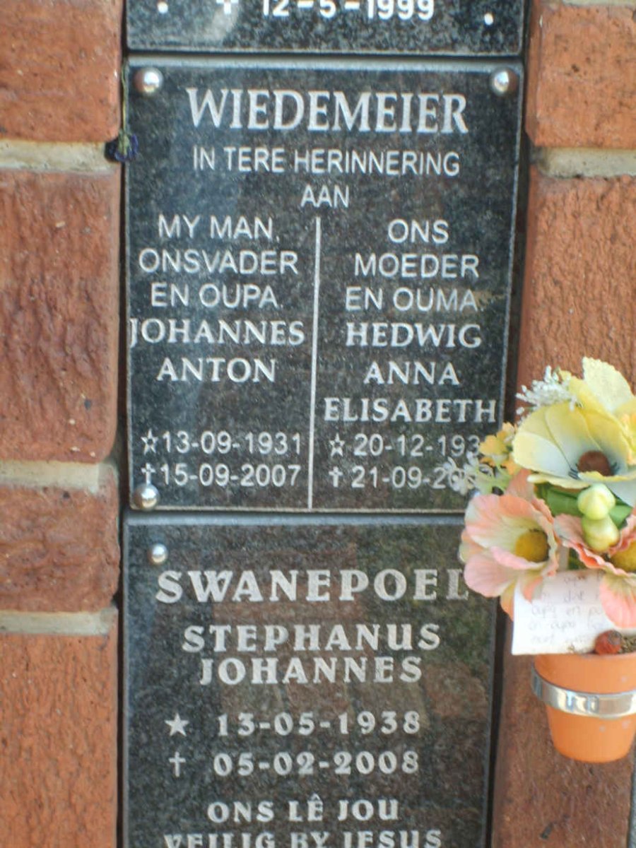 WEIDEMEIER Johannes Anton 1931-2007 &amp; Hedwig Anna Elisabeth 193?-20??