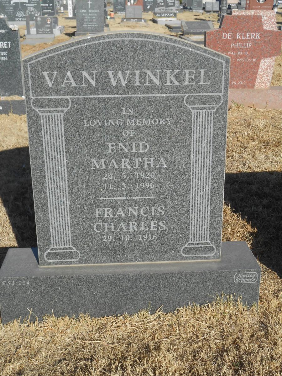 WINKEL Francis Charles, van 1916- &amp; Enid Martha 1920-1996