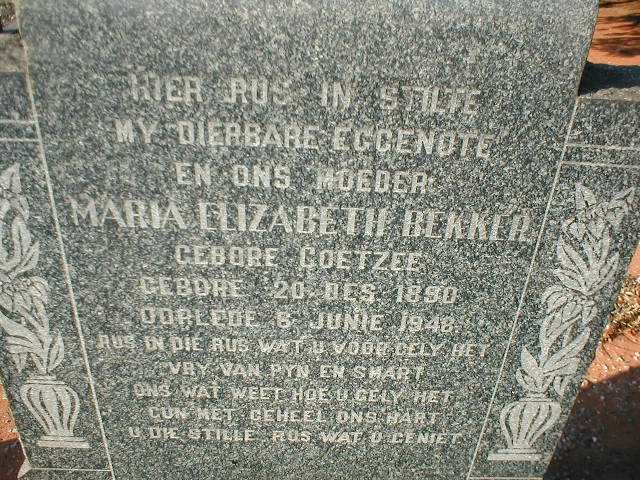 BEKKER Maria Elizabeth nee COETZEE 1890-1948