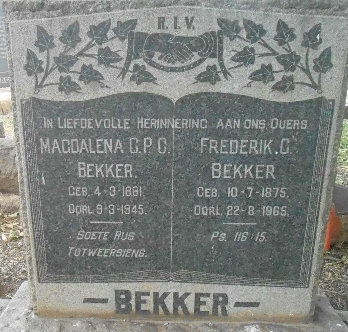 BEKKER Frederik G. 1875-1965 &amp; Magdalena C. P. C. 1881-1945