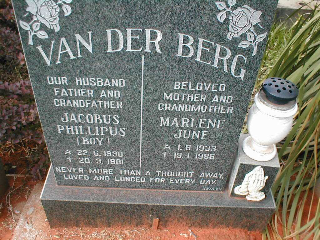BERG Jacobus Phillipus, van der 1930-1981 &amp; Marlene June 1933-1986