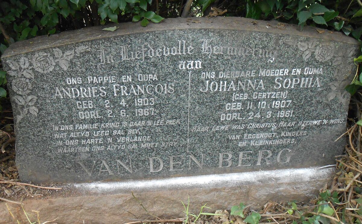 BERG Andries Francois, van den 1903-1967 &amp; Johanna Sophia GERTZEN 1907-1961