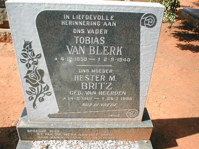 BLERK Tobias, van 1898-1940 &amp; BRITZ Hester M. nee VAN HEERDEN 1901-1995