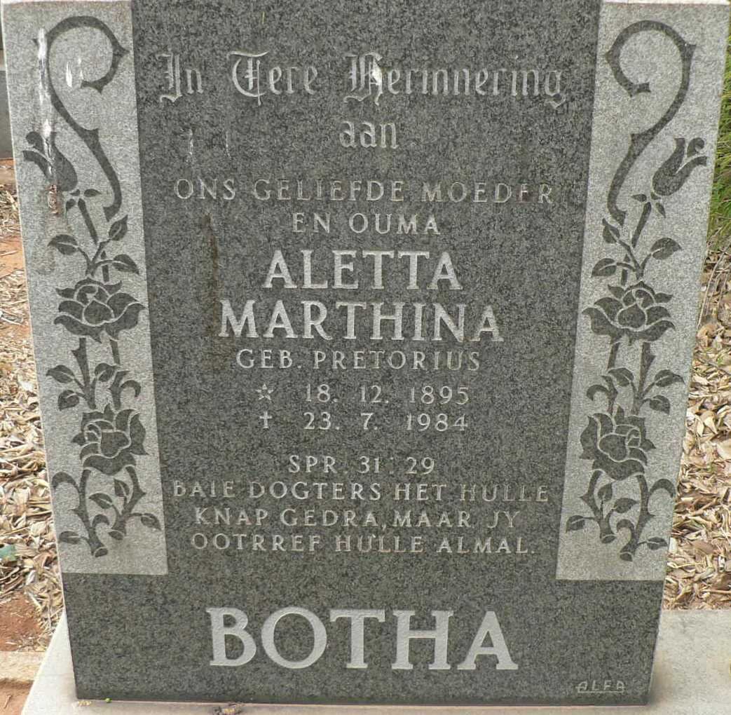 BOTHA Aletta Marthina nee PRETORIUS 1895-1984