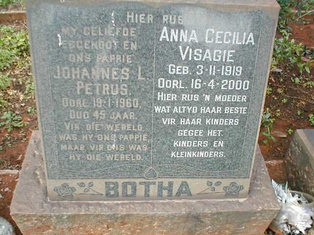 BOTHA Johannes L. Petrus  -1960 &amp; Anna Cecilia VISAGIE 1919-2000
