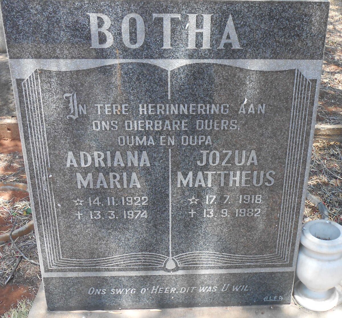 BOTHA Jozua Mattheus 1918-1982 &amp; Adriana Maria 1922-1974