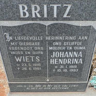 BRITZ Wiets 1916-1981 &amp; Johanna Hendrina 1919-1993