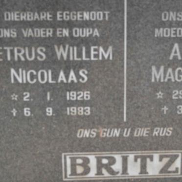 BRITZ Petrus Willem Nicolaas 1926-1983 &amp; Aletha Magaretha 1929-1991