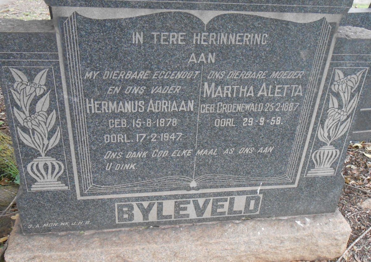 BYLEVELD Hermanus Adriaan 1878-1947 &amp; Martha Aletta nee GROENEVALD 1887-1958