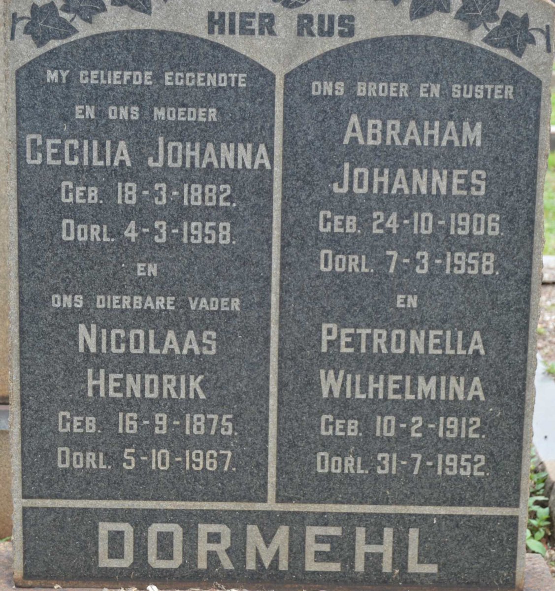 DORMEHL Nicolaas Hendrik 1875-1967 &amp; Cecilia Johanna 1882-1958