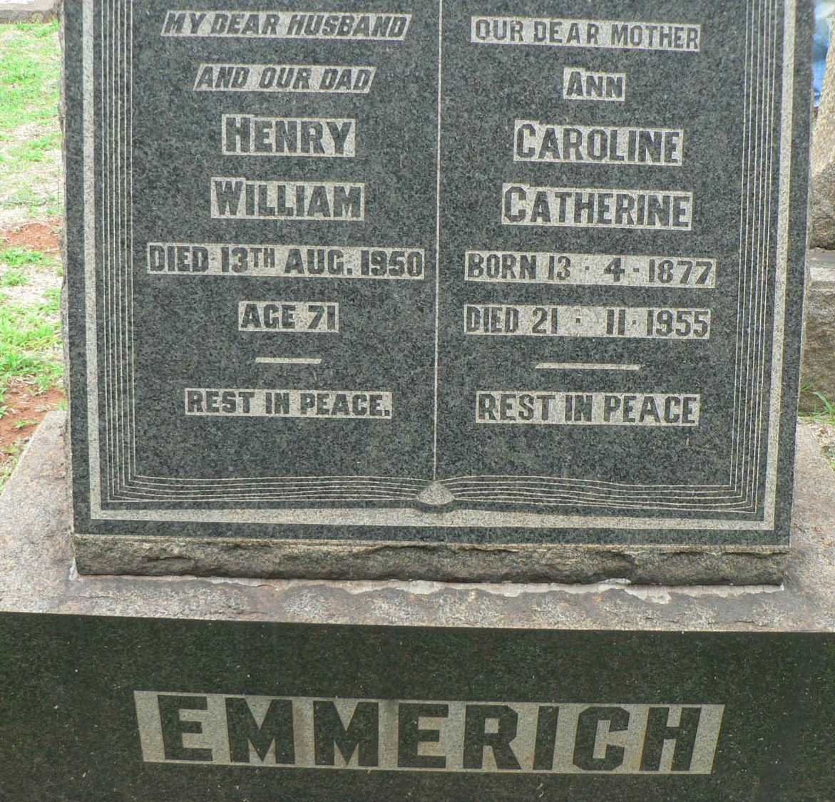 EMMERICH Henry William -1950 &amp; Caroline Catherine 1877-1955