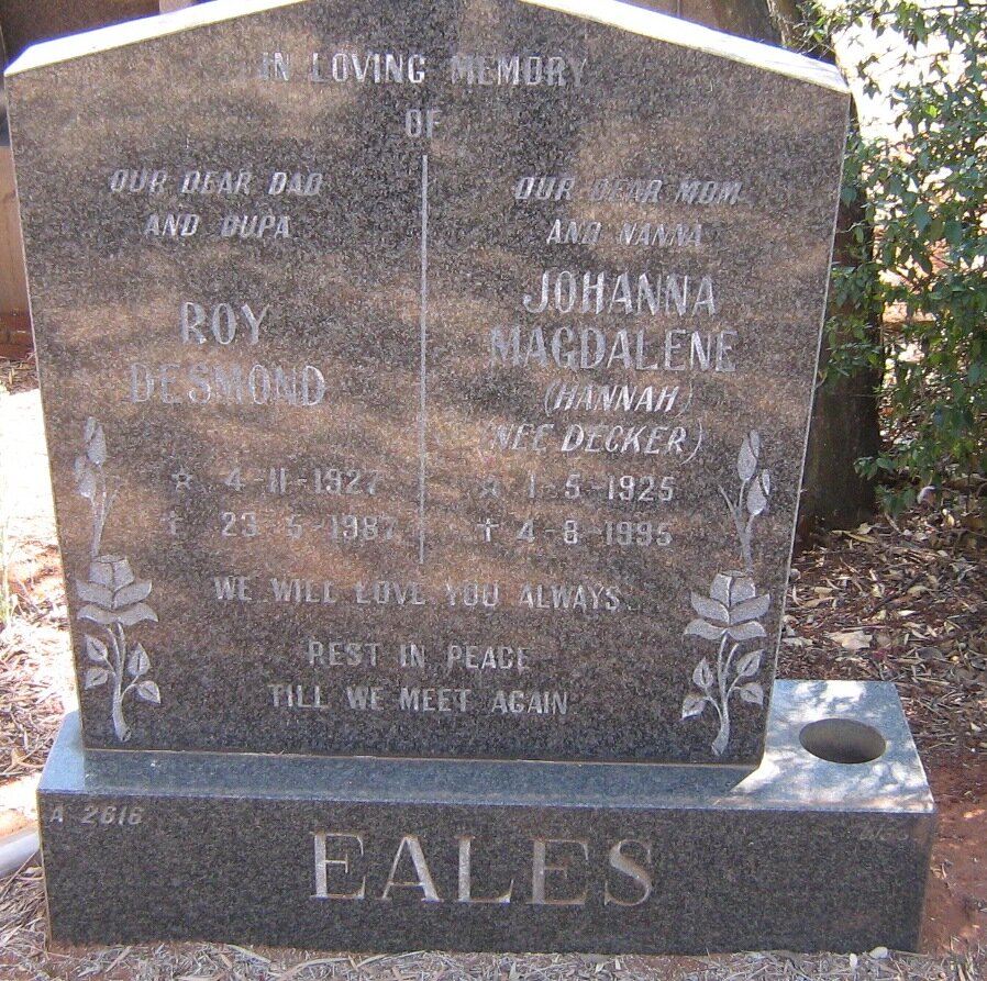 EALES Roy Desmond 1927-1987 &amp; Johanna Magdalene DECKER 1925-1995