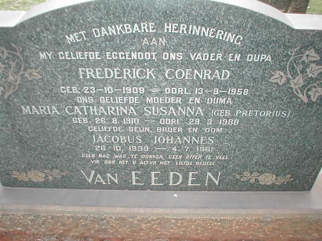 EEDEN Frederick Coenrad, van 1908-1958 &amp; Maria Catharina Susanna PRETORIUS 1910-1980 :: VAN EEDEN Jacobus Johannes 1939-1961