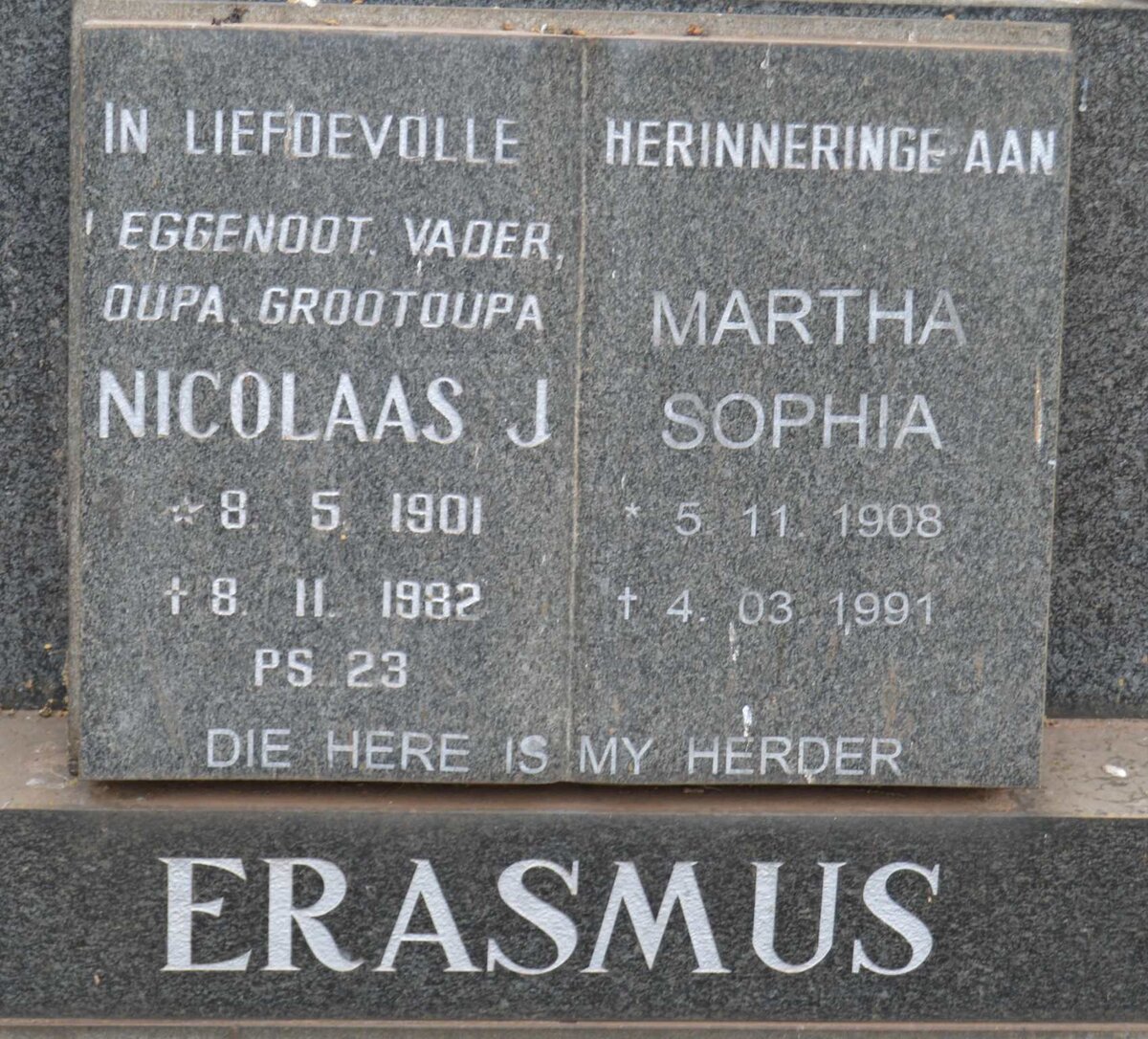 ERASMUS Nicolaas J. 1901-1982 &amp; Martha Sophia 1908-1991