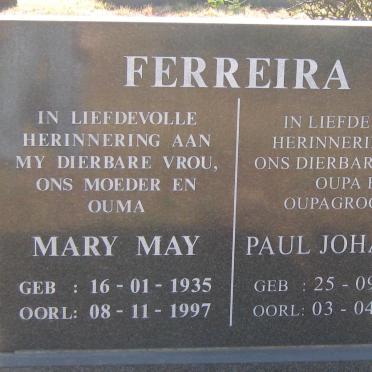 FERREIRA Paul Johannes 1930-2006 &amp; Mary May 1935-1997