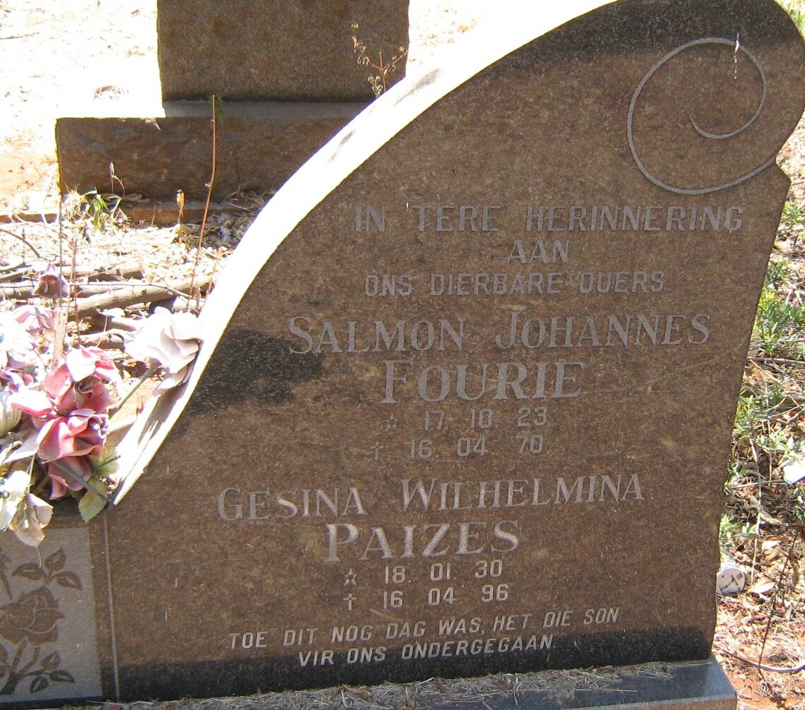 FOURIE Salmon Johannes 1923-1970 &amp; PAIZES Gesina Wilhelmina 1930-1996