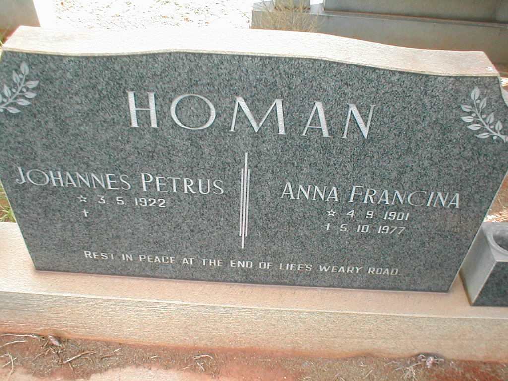 HOMAN Johannes Petrus 1922-  &amp; Anna Francina 1901-1977