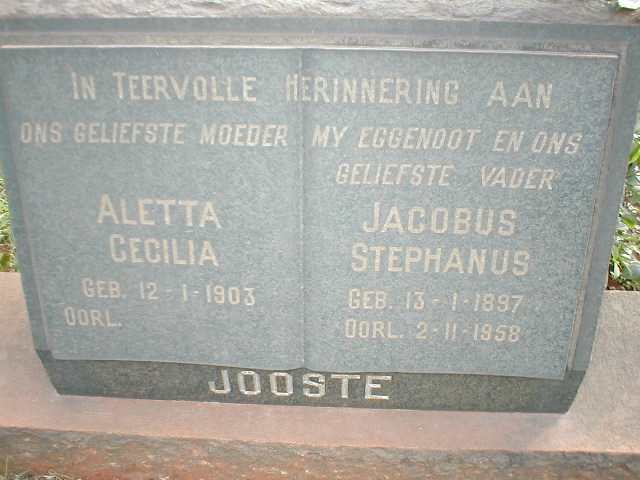 JOOSTE Jacobus Stephanus 1897-1958 &amp; Aletta Cecilia 1903-