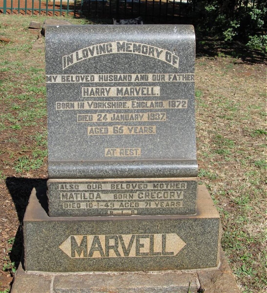 MARVELL Harry 1872-1937 &amp; Matilda GREGORY -1949