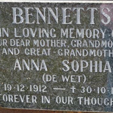 BENNETTS Anna Sophia nee DE WET 1912-1986